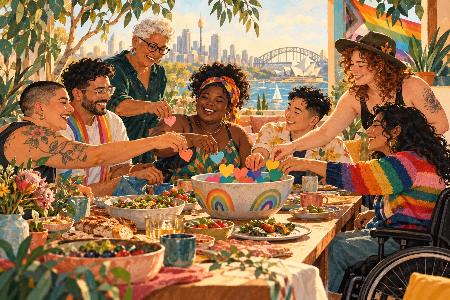 Illustration of a diverse LGBTQIA+ community gathering in Sydney, with friends placing colourful hearts into a bowl, the Harbour Bridge and Opera House in the background.