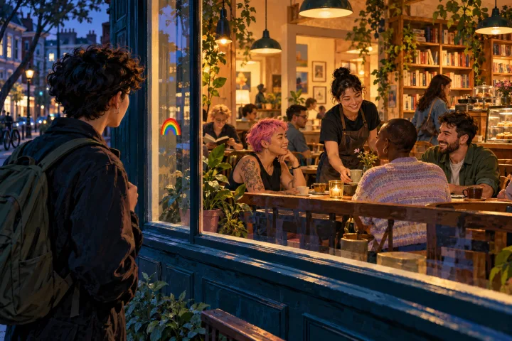 A person looking through a rainbow-stickered window into a warmly lit café and bookshop where customers are being welcomed.