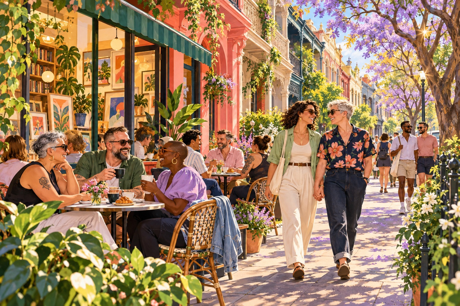 Colourful illustration of friends at outdoor café tables and couples strolling past terrace shopfronts beneath purple spring blossoms.