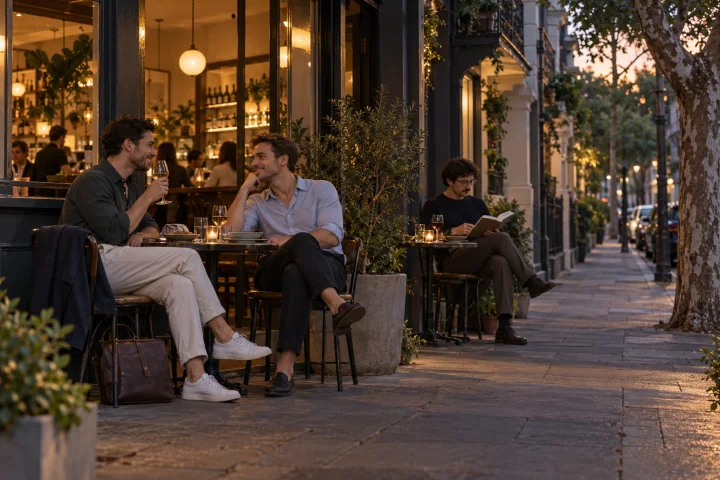 Two men sharing an outdoor table outside a Darlinghurst-style restaurant in soft spring evening light, with another diner reading nearby.