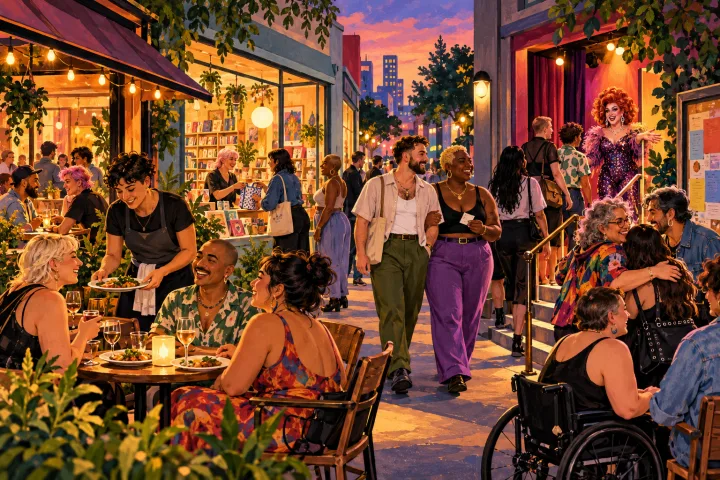 LGBTQ+ friends dining, shopping and arriving at a performance in a warmly lit Australian neighbourhood.