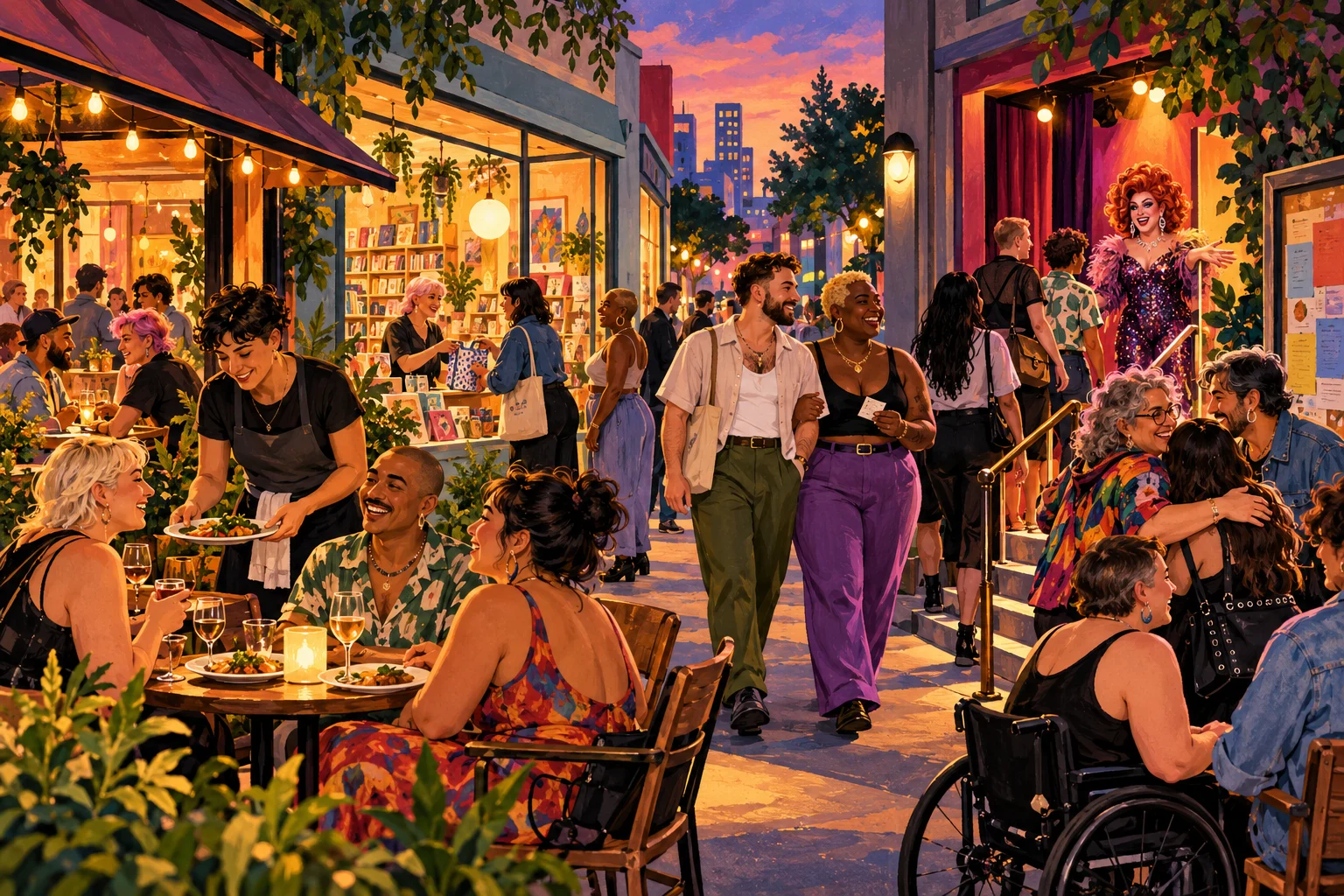 LGBTQ+ friends dining, shopping and arriving at a performance in a warmly lit Australian neighbourhood.